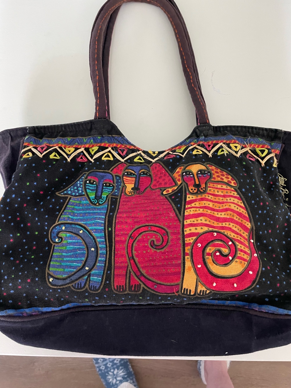 Colorful Dog Embroidery Tote Bag - Black Multicolor